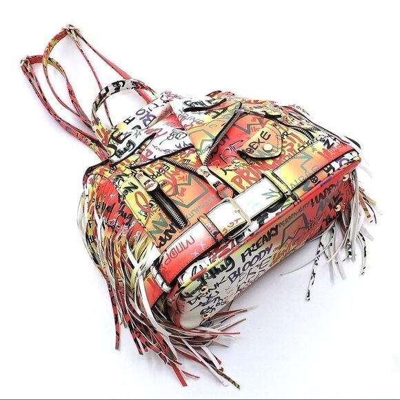 Multi Graffiti Motorcycle Jacket Fringe Back pack - Picture 6 of 8